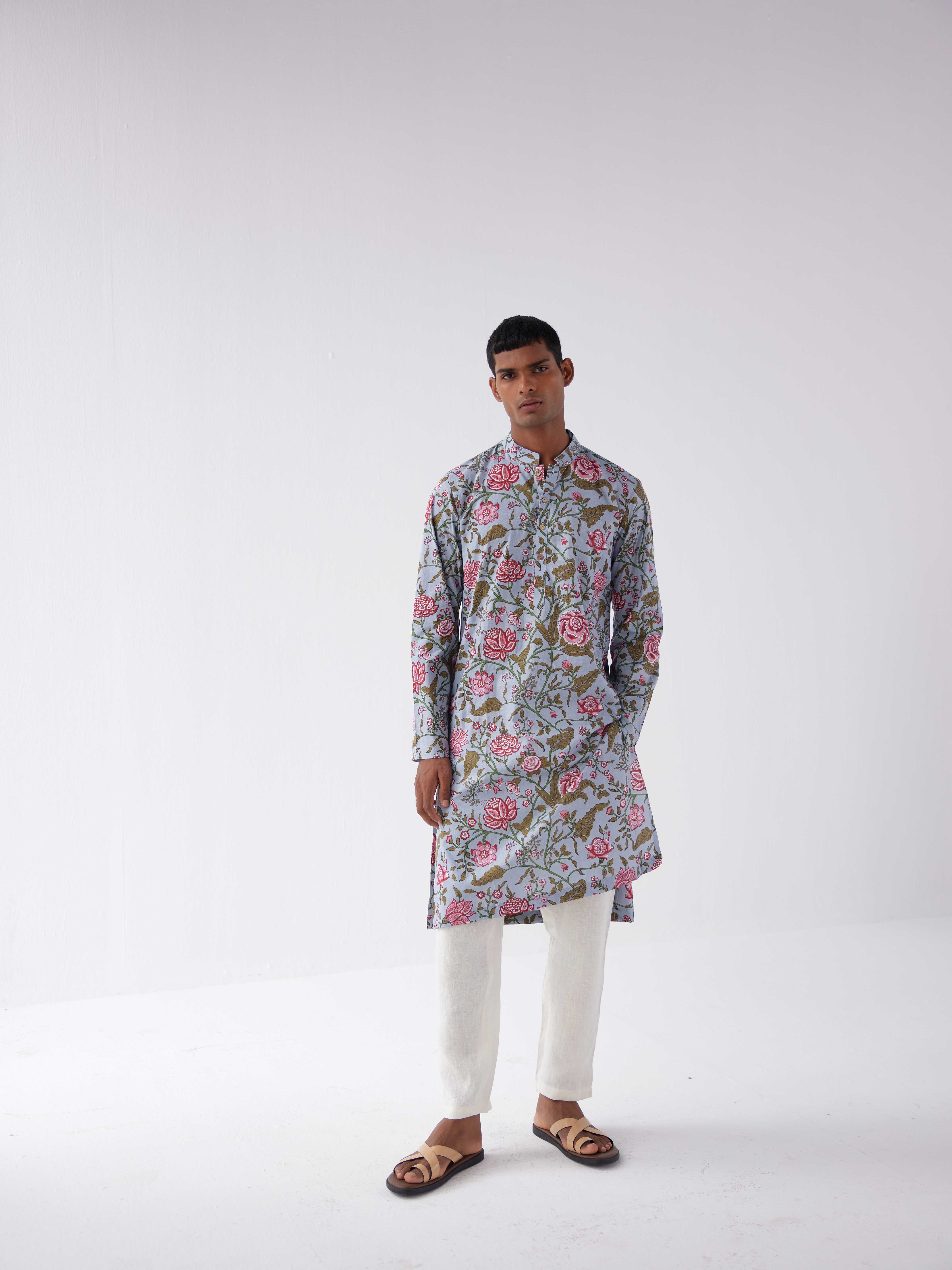 BLUE FLORAL COTTON KURTA