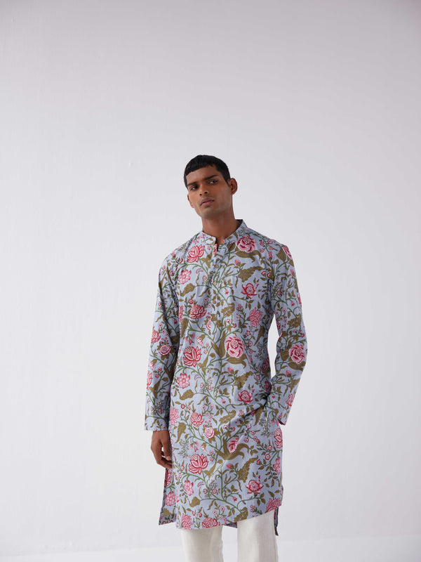 BLUE FLORAL COTTON KURTA