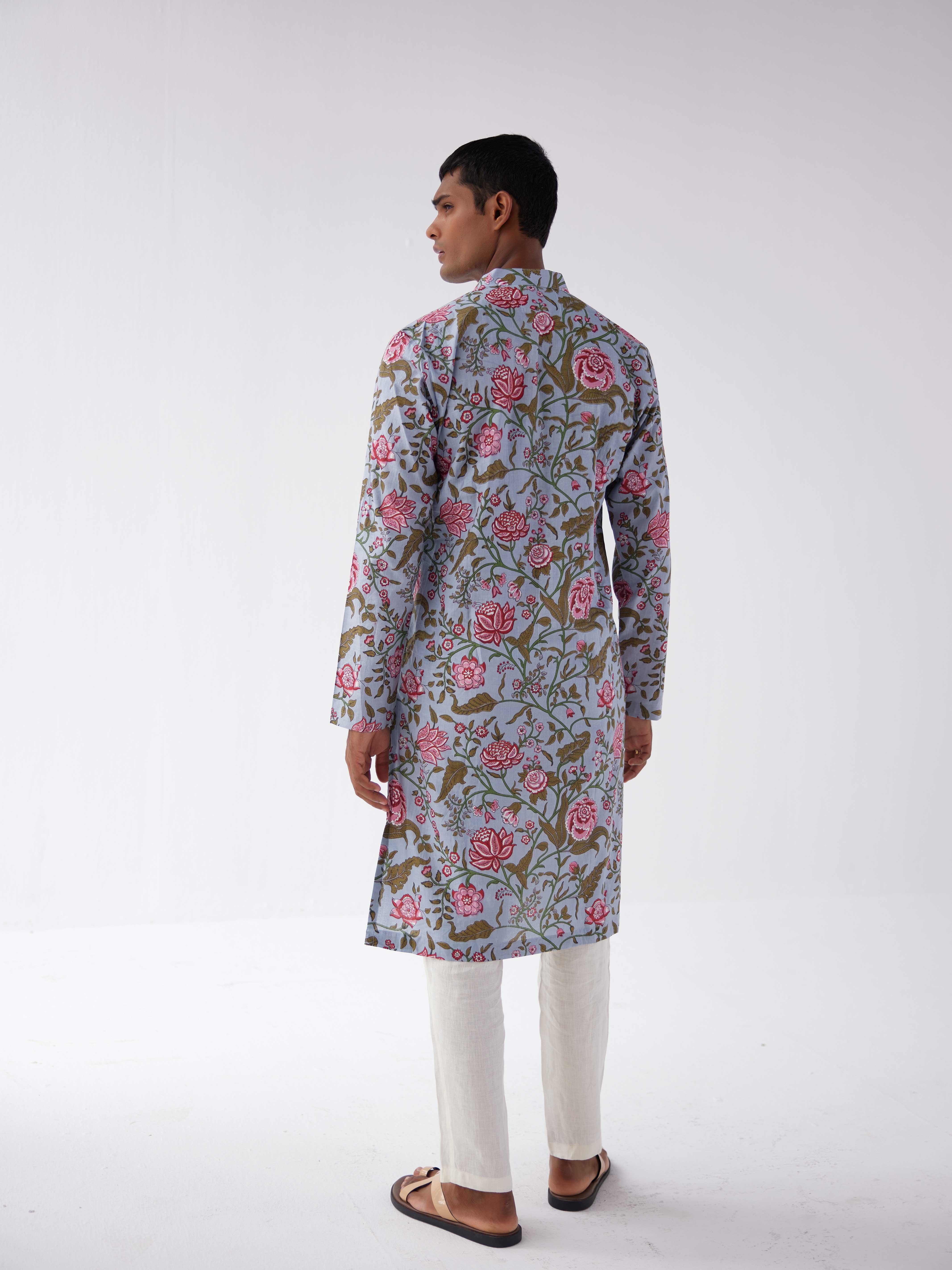 BLUE FLORAL COTTON KURTA