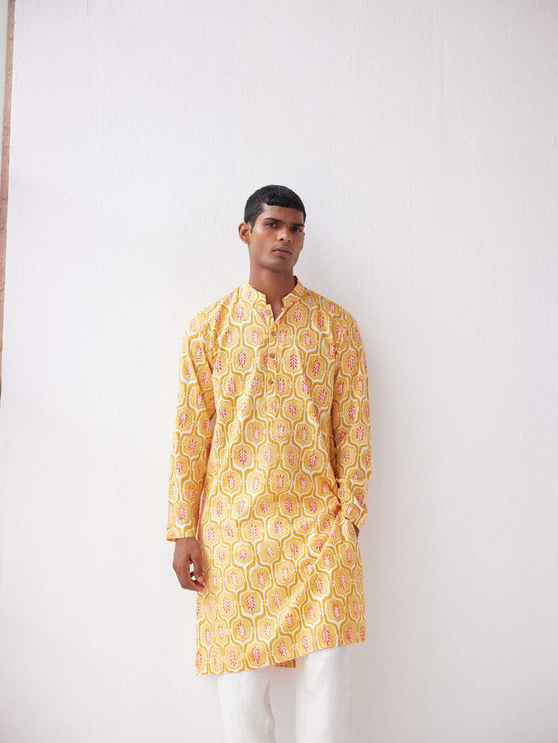 MUSTARD COTTON PRINTED KURTA