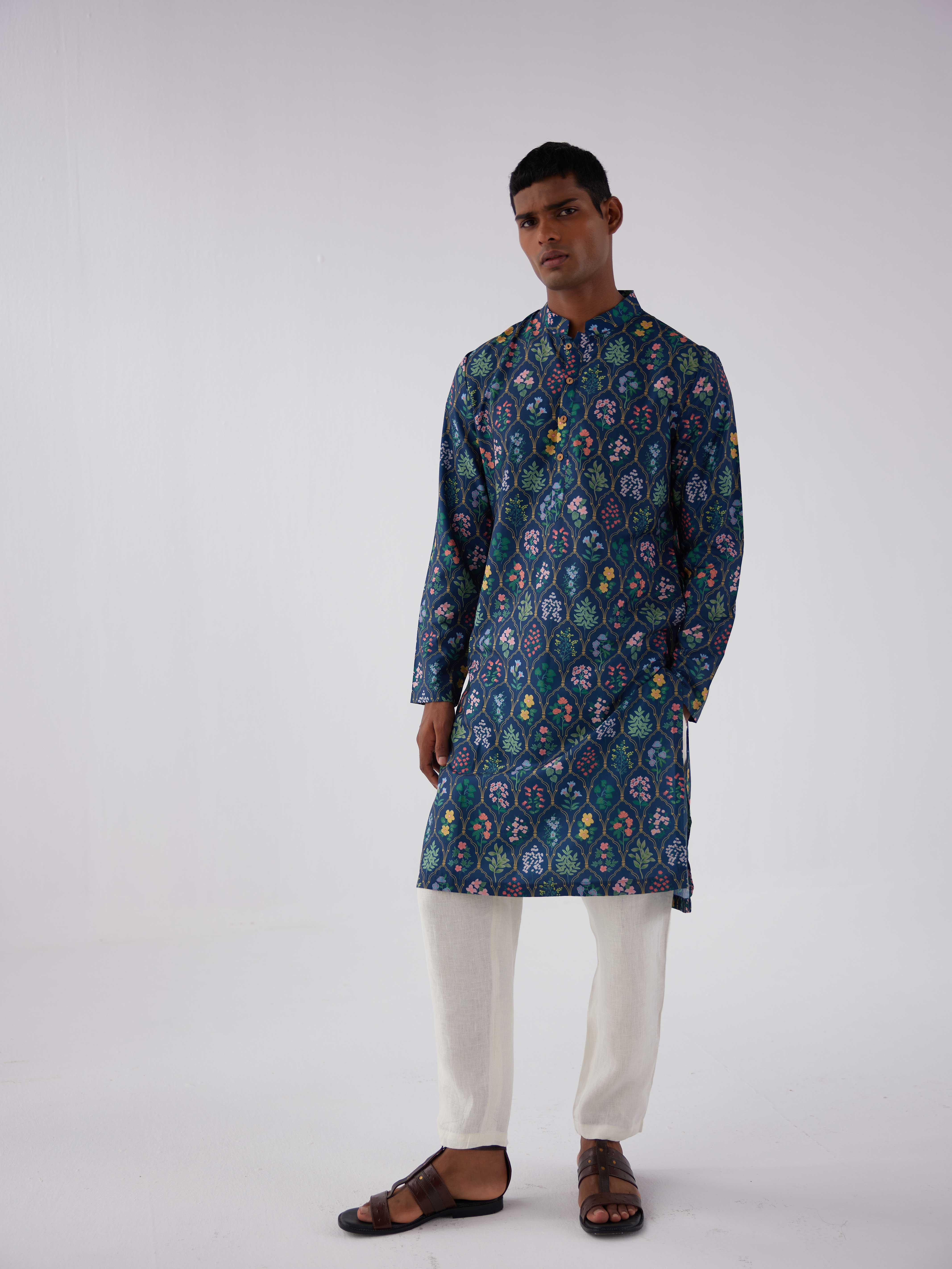 NAVY FLORAL MUGHAL KURTA