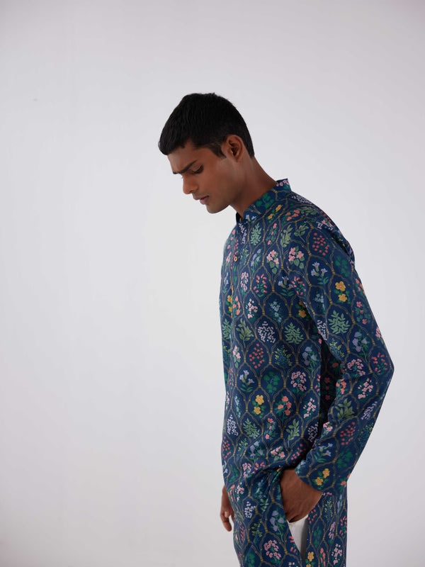 NAVY FLORAL MUGHAL KURTA