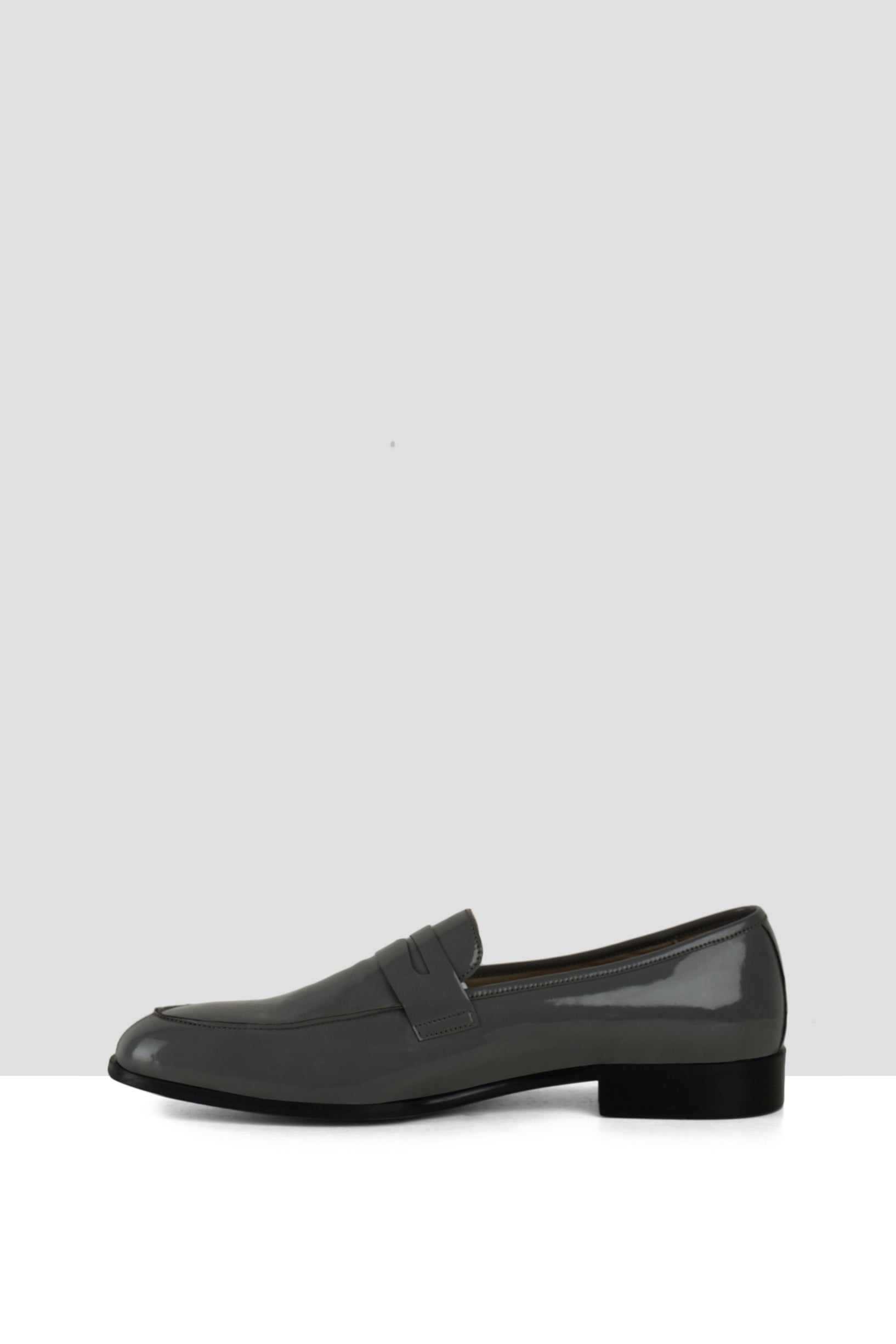 Grey Patent Leather Penny Loafers